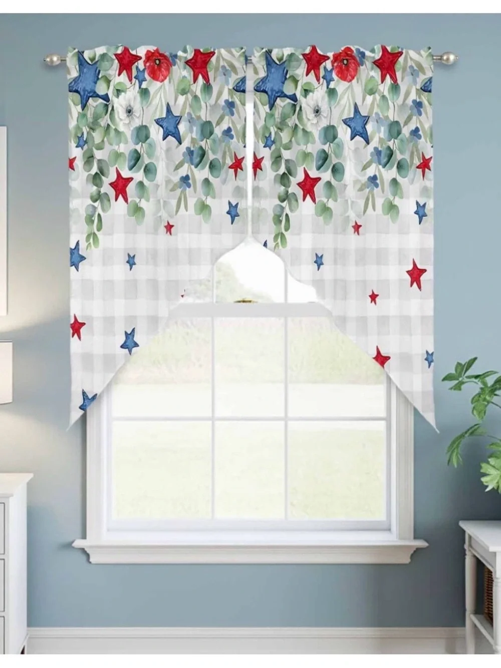 Patriotic Floral Star Window Valance Curtain 36”x36”